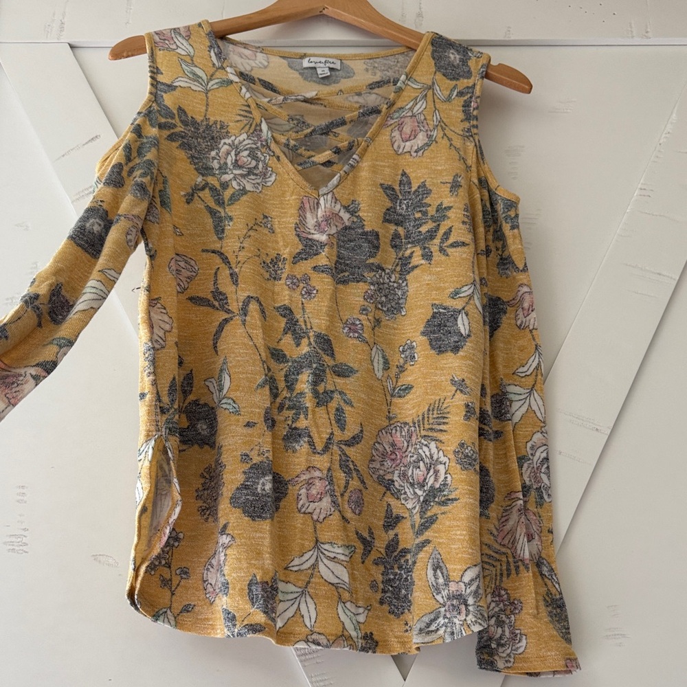 Lush Mustard Floral Cold Shoulder Top